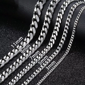 Titanium steel Cuban link chains for men in five widths from 3mm to 11mm on black background