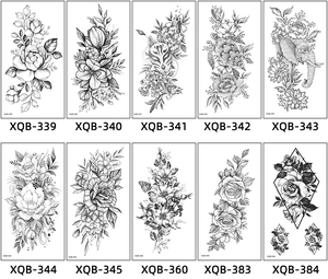 Catalog view of ten black and white temporary tattoo designs with flowers and animal motifs