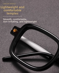 Detail of glossy black square frame glasses showing durable metal hinges and comfort temples