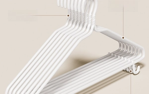 Detail of white non-slip coated hanger with reinforced spiral joint and shoulder notches