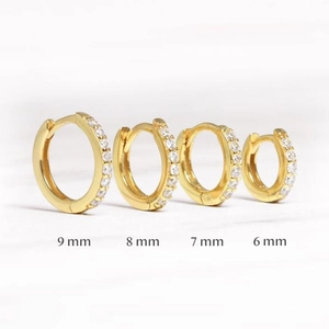 Comparison of gold micro-pave zircon hoop earrings in four sizes: 6mm, 7mm, 8mm, and 9mm