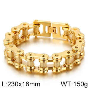 Detailed close-up of golden bicycle chain style bracelet with brushed and polished finish