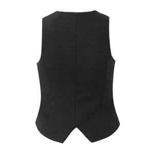 Rear view of black solid color buttoned suit vest showing back tailoring and clean cut