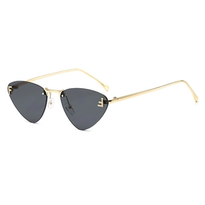 Fashion rimless cat-eye sunglasses with gold metal frame and sparkling crystal F accents