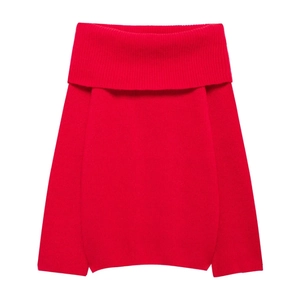 Detail of red off-shoulder knitted sweater showing ribbed texture and fold-over neckline
