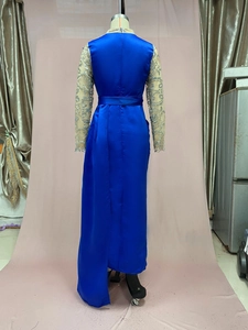 Detail of royal blue satin evening gown featuring embroidered lace sleeves and a back view