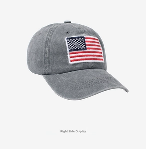 Detail view of cotton washed baseball cap with American flag embroidery and side profile