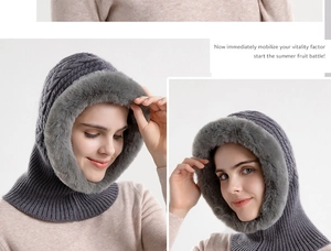 Detail of grey cable knit balaclava with thick faux fur trim for winter warmth