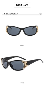 Front and side view of black wrap-around rectangle sunglasses with metal butterfly detail