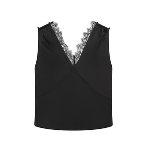 Elegant black lace V-neck satin camisole top with smooth fabric on white background
