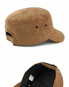 Detail view of brown faux suede military hat featuring metal eyelets and polyester lining