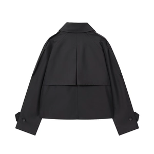 Women's black short waterproof trench coat with back storm flap and stylish lapel collar