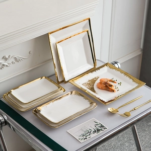 Luxury Gold Rim Ceramic Dinner Plate Square Rectangular Porcelain Serving Tray For Steak Dessert Restaurant Wedding