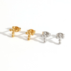 Minimalist stainless steel cross earrings in gold and silver finish on white background
