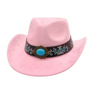 Pink western cowboy hat detail with ethnic floral embroidery and turquoise stone buckle