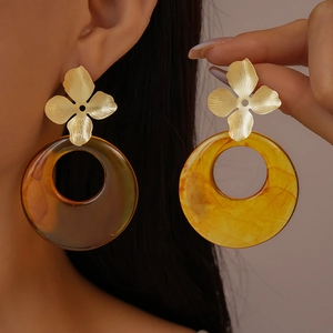 Hollow Flower Round Resin Dangle Earrings With 925 Sterling Silver Earring Post For Women Elegant Jewelry