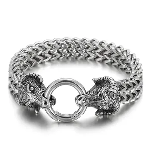 Steel men's zodiac bracelet with double woven chain and two detailed ram head clasps