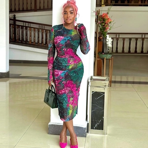 Floral Print Long Sleeve Bodycon Midi Dress Round Neck Mesh Elastic Slim Fit Elegant Evening Party Women