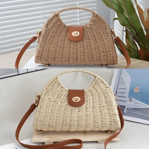 Vintage Straw Woven Shoulder Crossbody Bag With PU Leather Handle Twist Lock Summer Beach Vacation For Women