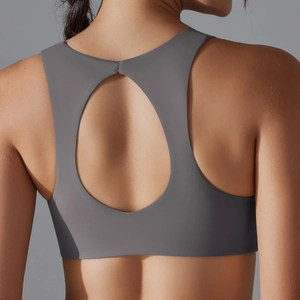 Close-up of sports bra with seamless edge and teardrop cutout on the back