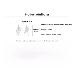 Detailed specifications of drop feather tassel earrings with rhinestones and silver pins