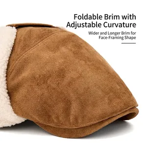 Winter brown suede beret with thick fleece lining and foldable earflaps for warmth
