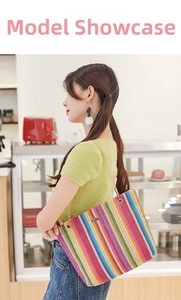 Close-up of rainbow striped woven shoulder bag with gold chain strap on model