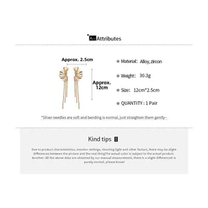 Detailed size chart for gold tassel flower earrings featuring zircon and alloy materials