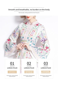 Close-up of ethnic style stand collar and baroque floral print on soft dress
