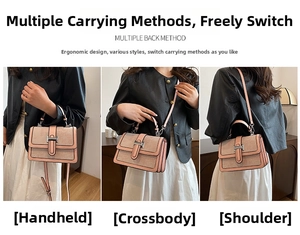 Detailed views of a pink and beige crossbody bag shown in three functional styling ways