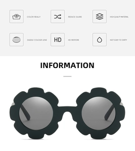 Detail view of sunflower-shaped kids sunglasses with HD lenses and core feature icons
