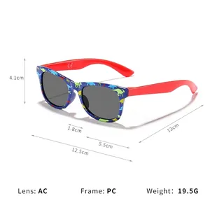 Kids dinosaur sunglasses with blue frame and AC lenses shown with size chart measurements
