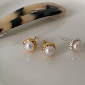 Artificial Pearl Stud Earrings With 925 Sterling Silver Earring Post Irregular Hammered Metal Vintage Minimalist For Women