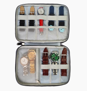 Internal view of grey watch band organizer with elastic straps and mesh pockets