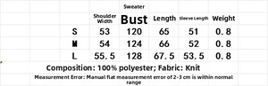 Detailed size chart for the pleated knit cardigan showing dimensions and fabric specs