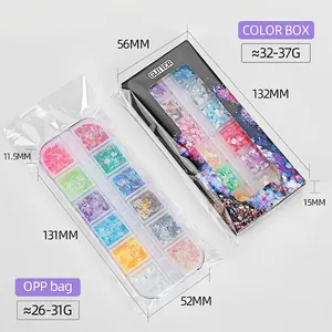 Kit glitter per nail art da 12 scomparti con forme a farfalla e cuore colori vivaci
