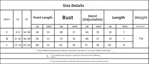 Detailed size chart for lace mesh bodysuit including US and EU measurements and dimensions