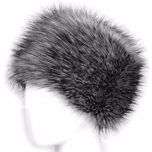 Close-up of thick faux fox fur winter hat with grey and black gradient texture on mannequin
