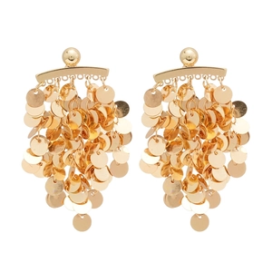 Golden round sequin tassel drop earrings in polished metal with silver needle posts