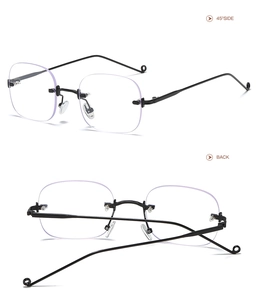 Detailed views showing the 45-degree side and back of rimless square ocean lens sunglasses
