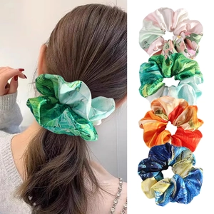 Set of 5 satin scrunchies with vibrant oil painting prints and elegant silk texture