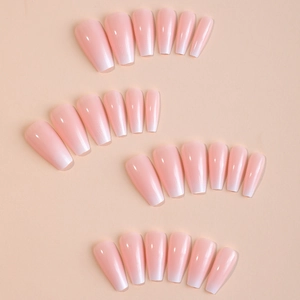 Set of 24 long coffin press-on nails featuring a soft white French ombre gradient