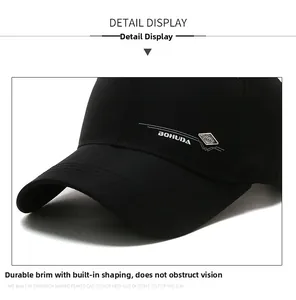 Close-up of black baseball cap brim with reinforced stitching and BOHUDA logo patch