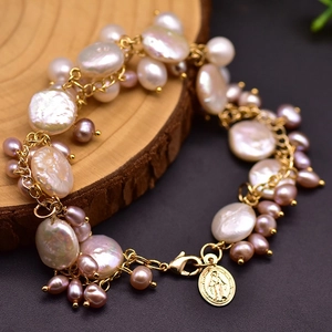 Baroque Freshwater Pearl Bracelet With Gold Plated Copper Virgin Mary Pendant Retro Handmade Jewelry For Women
