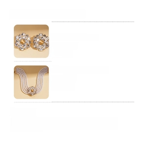 Detailed view of layered faux pearl and crystal necklace with specifications and size