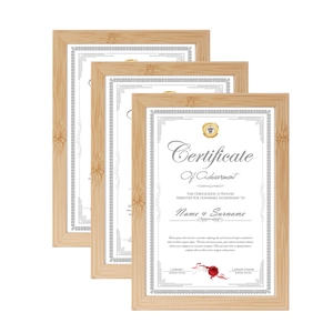 Three-piece solid wood frame set with natural grain for certificates and diplomas