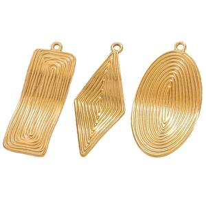 Golden textured geometric stainless steel pendants in rectangle, rhombus and oval shapes