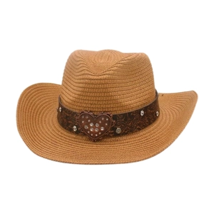 Macro view of woven straw hat featuring brown leather band with heart rhinestone buckle