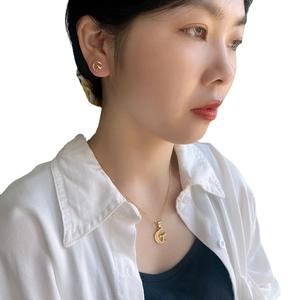 Gold stainless steel moon and star jewelry set worn by a model on white background