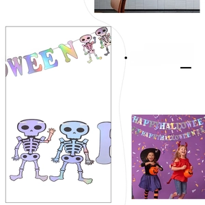 Detail of Happy Halloween banner with skeleton graphics and gradient printed letters